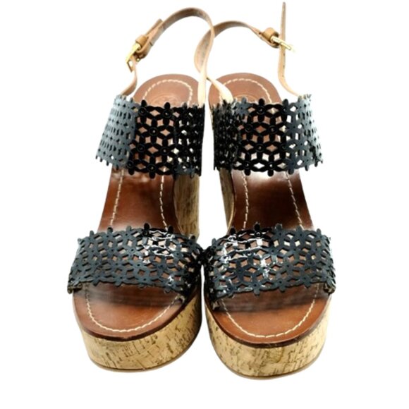 TORY BURCH~Daisy Floral~BLACK PERFORATED LEATHER PLATFORM SANDALS SHOES Sz 10 - Picture 3 of 7